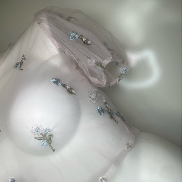 Forever 21 ShirtTops Large LightPink Embroidery Floral Sheer Croptop Puff Sleeve - Picture 8 of 12